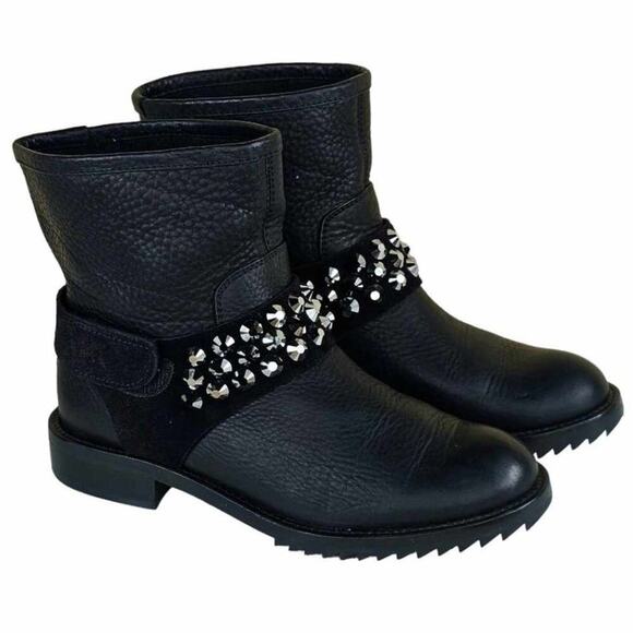 Pedro Garcia Crystal-Studded Black Leather Moto Boots Size 38 - Picture 5 of 11
